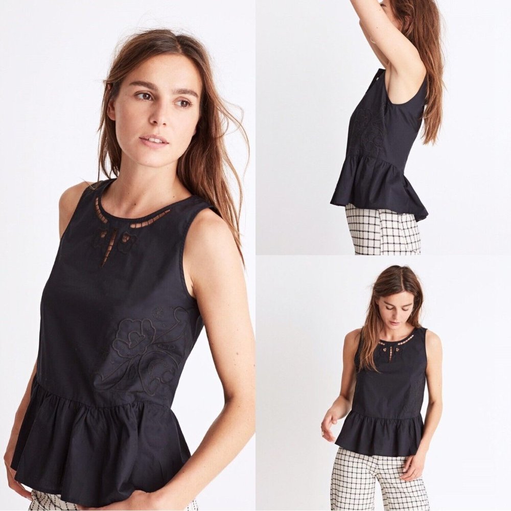 Madewell black embroidered peplum tank top